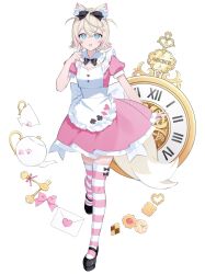 1girl alice_in_wonderland animal_ear_fluff animal_ears apron blonde_hair blue_eyes character_name cup dog_ears dog_girl dog_tail dress fork full_body highres hololive hololive_english mococo_abyssgard multicolored_hair pink_dress pink_hair pink_thighhighs pocket_watch short_hair simple_background solo striped_clothes striped_thighhighs tail teacup teapot thighhighs tsukiaito two-tone_hair two-tone_thighhighs two_side_up virtual_youtuber watch white_apron white_background white_thighhighs yellow_tail