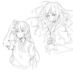 2girls bang_dream! bang_dream!_it&#039;s_mygo!!!!! chihaya_anon chinese_commentary collared_shirt commentary_request flower greyscale hand_up haneoka_school_uniform highres holding holding_flower long_hair long_sleeves looking_at_viewer monochrome multiple_girls muonrei00 nagasaki_soyo necktie parted_lips rose school_uniform shirt short_sleeves sweatdrop sweater_vest tsukinomori_school_uniform