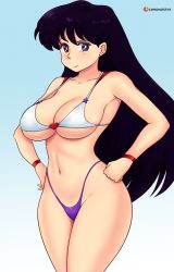 1girl :s alternate_breast_size armpit_peek bikini bishoujo_senshi_sailor_moon breasts cleavage curvy gummslime hands_on_own_hips highres hino_rei large_breasts legs long_hair looking_at_viewer navel purple_eyes purple_hair swimsuit thick_thighs thighs thong_bikini underboob