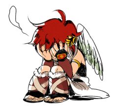Rule 34 | 1boy, ahoge, angel, angel wings, brown hair, covering face, full body, kid icarus, kid icarus (nes), male focus, nintendo, pit (kid icarus), poiv, simple background, sitting, solo, wavy mouth, white background, wings