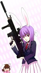 2girls animal_ears assault_rifle brown_hair rabbit_ears female_focus fn_scar gun highres holding holding_gun holding_weapon inaba_tewi long_hair mizu mizu_exp multiple_girls reisen_udongein_inaba rifle short_hair skirt suppressor touhou trembling trigger_discipline weapon