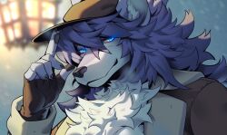 1boy animal_ear_fluff animal_ears blue_eyes brown_hat brown_jacket chest_fur claws closed_mouth commentary dog_nose english_commentary fate/grand_order fate_(series) fingerless_gloves fur-trimmed_jacket fur_trim furry furry_male gloves glowing glowing_eyes grey_fur grey_hair hat highres jacket lamp long_hair looking_at_viewer male_focus patxi_(fate) pawpads rowdypuffin salute smile snow wolf_boy wolf_ears