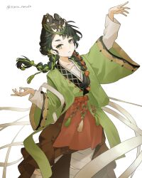 1girl absurdres arm_up bandaged_leg bandages black_hair braid chinese_clothes cowboy_shot green_hanfu hands_up hanfu high-low_skirt highres leg_wrap liang_yue_(reverse:1999) long_hair looking_at_viewer low_twin_braids mark_under_both_eyes mask mask_on_head mole mole_above_eye narudo parted_lips red_skirt reverse:1999 skirt solo twin_braids twitter_username white_background wide_sleeves yellow_eyes