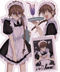 1boy ^_^ anger_vein apron black_dress blue_eyes blush braid brown_hair character_name cherry clenched_teeth closed_eyes collared_dress commentary_request crossdressing cup dress dress_tug drinking_straw duo_maxwell feet_out_of_frame food frilled_dress frilled_sleeves frills fruit gundam gundam_wing hair_between_eyes heart heart_hands highres holding holding_plate ice_cream ice_cream_float juliet_sleeves long_hair long_sleeves looking_at_viewer maid maid_apron maid_headdress male_maid multiple_views nervous_sweating open_mouth plate puffy_sleeves single_braid smile standing sweat teeth tsubakiohana02 very_long_hair whipped_cream white_apron wing_collar