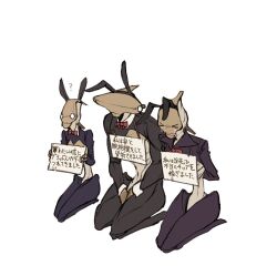 &gt;_&lt; 3boys ? animal_ears arthropod_boy bow bowtie crop_top crotchless crotchless_pantyhose crying fake_animal_ears hiver_(kenshi) holding holding_sign juerucj kenshi long_sleeves male_focus meme_attire monster_boy multiple_boys no_humans pantyhose placard rabbit_ears red_bow red_bowtie reverse_bunnysuit reverse_outfit seiza sign sign_around_neck simple_background sitting white_background