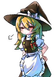 1girl apron black_hat black_skirt black_vest blonde_hair blush bow braid closed_mouth commentary_request cookie_(touhou) cowboy_shot expressionless frilled_apron frills hair_between_eyes hair_bow hat hat_bow highres kirisame_marisa long_bangs long_hair looking_at_viewer melanin_shikiso puffy_short_sleeves puffy_sleeves red_bow red_eyes shirt short_sleeves side_braid simple_background single_braid skirt skirt_set solo star_(symbol) suzu_(cookie) touhou unusually_open_eyes vest waist_apron white_apron white_background white_bow white_shirt witch_hat
