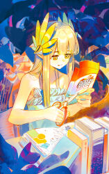 1girl :p absurdres alternate_costume arknights bare_shoulders blonde_hair book camisole casual collarbone colorful commentary cutting dot_nose elf english_commentary highres holding holding_scissors journal laurel_crown laurels long_hair lyuqiu mole mole_under_eye muelsyse_(arknights) open_book pointy_ears scissors scrapbook sitting solo spaghetti_strap sticker tongue tongue_out yellow_eyes