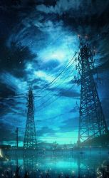 absurdres aqua_theme bug cloud firefly grass highres hill huashijw insect meteor_shower night night_sky no_humans original outdoors reflection reflective_water scenery shooting_star sky star_(sky) starry_sky transmission_tower tree water