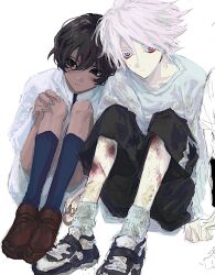 2boys aged_down arjuna_(fate) black_eyes black_hair bleeding blood blue_eyes brothers bruise bruise_on_leg child dark-skinned_male dark_skin eyeshadow eyeshadow_under_eye fate/grand_order fate_(series) hair_between_eyes injury karna_(fate) looking_at_viewer makeup male_focus multiple_boys ngg_n pale_skin red_eyeshadow scratches shirt shoes short_hair shorts siblings side-by-side simple_background sitting socks white_background white_hair