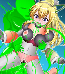 1girl absurdres antennae armor armored_gloves arms_up bikini_armor blonde_hair blue_eyes breasts broken_armor erection green_ribbon hair_ribbon hairband headphones highres hyper_roll_(marvel_vs._capcom) joints large_breasts long_hair marvel_vs._capcom mechanical_arms mechanical_legs mega_man_(classic) mega_man_(series) nipples ns2studio penis ponytail radio_antenna red_armor ribbon robot robot_girl robot_joints roll_(mega_man) sex sex_from_behind shoulder_armor sidelocks slime_(creature) smile vaginal