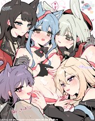 5girls amoris_(bang_dream!) animal_ears ascot bang_dream! bang_dream!_it&#039;s_mygo!!!!! beret black_gloves black_hair blonde_hair blue_eyes blue_hair blush breasts capelet cat_ears cat_girl cat_tail chinese_commentary clothing_cutout commentary_request controller doloris_(bang_dream!) extra_ears gangbang gloves green_background green_hair grey_gloves groping group_sex hair_between_eyes harem hat highres holding holding_remote_control kemonomimi_mode kyou_039 long_hair medium_breasts medium_hair misumi_uika mortis_(bang_dream!) mortis_(costume)_(bang_dream!) mouth_hold multiple_girls nipples oblivionis_(bang_dream!) open_mouth pink_eyes purple_eyes purple_hair pussy rabbit_ears rabbit_girl red_capelet red_hat remote_control remote_control_vibrator sex_toy shirt short_hair shoulder_cutout sweatdrop tail timoris_(bang_dream!) togawa_sakiko vibrator wakaba_mutsumi white_ascot yahata_umiri yellow_eyes yuri yuutenji_nyamu