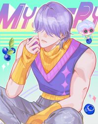 1boy blueberry chibi closed_mouth cowboy_shot detached_sleeves ear_piercing earrings english_text food fruit grey_pants hair_over_eyes highres jewelry kpop_demon_hunters luxu804 male_focus medium_hair mystery_(kpop_demon_hunter) pants piercing purple_hair purple_sweater_vest sitting sleeveless sleeveless_sweater solo sunglasses sweater sweater_vest toned toned_male