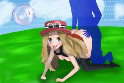 Rule 34 | 1boy, 1girl, artist request, black shirt, black thighhighs, breasts, breasts out, clothes lift, doggystyle, eyewear on headwear, grey eyes, hat, hetero, highres, kuruminty, light brown hair, long hair, medium breasts, nintendo, pleated skirt, pokemon, pokemon-amie, pokemon xy, red hat, red skirt, serena (pokemon), sex, sex from behind, shirt, shirt lift, skirt, sleeveless, sleeveless shirt, sunglasses, tagme, thighhighs, tongue, tongue out, white-framed eyewear