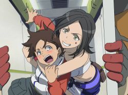 00s 1boy 2girls black_hair bracelet breasts brown_hair eureka_seven_(series) jewelry large_breasts miniskirt multiple_girls navel renton_thurston skirt smile talho_yuuki