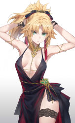1girl armpits arms_behind_head arms_up bare_shoulders belly_chain black_dress blonde_hair braid breasts collarbone commentary_request dress fate/apocrypha fate_(series) frilled_thigh_strap green_eyes hair_ribbon half_up_braid highres jewelry long_hair looking_at_viewer mordred_(fate) mordred_(fate/apocrypha) parted_bangs ponytail revision ribbon sidelocks small_breasts solo thigh_strap tonee
