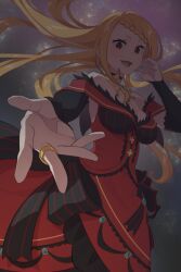 1girl bow braid dress earrings gold_ring jewelry long_hair looking_at_viewer mitukiaqa necklace open_mouth priscilla_barielle re:zero_kara_hajimeru_isekai_seikatsu red_dress red_eyes red_hair ring simple_background smile