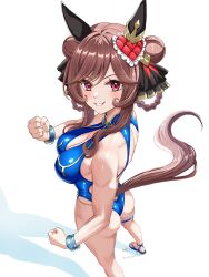 Rule 34 | 1girl, alternate costume, animal ears, ass, blue one-piece swimsuit, braid, braided hair rings, breasts, brown hair, capcom, casual one-piece swimsuit, chun-li, chun-li (cosplay), closed eyes, cosplay, ear covers, from above, gentildonna (umamusume), hair rings, heart ear ornament, highleg, highleg one-piece swimsuit, highres, horse ears, horse girl, horse tail, long hair, looking at viewer, medium breasts, one-piece swimsuit, parted bangs, red eyes, simple background, smile, solo, street fighter, street fighter 6, swimsuit, tail, tsukiyuki mike, umamusume, white background