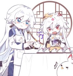 2girls 8785tl anger_vein apron steamed_bun blue_eyes chibi chibi_only chinese_clothes chinese_commentary commentary food fu_hua fu_hua_(azure_empyrea) fu_hua_(herrscher_of_sentience) fu_hua_(taixuan_impression) hair_between_eyes hanfu highres holding holding_food honkai_(series) honkai_impact_3rd jingwei_(bird) long_hair long_sleeves multiple_girls open_mouth red_eyes table tablecloth very_long_hair white_apron white_hanfu