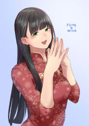 1girl :d absurdres black_hair blue_background blunt_bangs china_dress chinese_clothes copyright_name dress floral_print floral_print_dress flying_witch gradient_background green_eyes hair_behind_ear highres ishizuka_chihiro kowata_makoto long_hair looking_at_viewer official_art open_mouth own_hands_together print_dress red_dress smile solo steepled_fingers upper_body very_long_hair