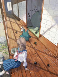 1girl absurdres blue_skirt brown_hair cup dyuba000 facing_away highres huge_filesize kneehighs porch school_uniform sen_to_chihiro_no_kamikakushi shadow sitting skirt slice_of_life sliding_doors socks summer susuwatari tea tonari_no_totoro totoro veranda white_socks yunomi