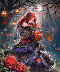10s 1girl bare_shoulders bare_tree bird black_dress black_flower black_rose blush bouquet bride brown_hair cat ceres_(shingeki_no_bahamut) church cloud colored_sclera company_name dress drill_hair flower full_moon gloves grave hair_over_one_eye head_tilt highres holding holding_bouquet in_tree lace lace_gloves long_hair looking_at_viewer lying moon official_art okada_manabi on_stomach outdoors petals purple_eyes purple_skirt red_eyes red_flower red_rose rose shingeki_no_bahamut shirt skirt sleeveless sleeveless_shirt standing tree veil watermark wedding_dress yellow_sclera |_|