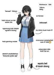 1girl absurdres black_hair black_jacket black_shoes blue_necktie blue_skirt blush breasts character_name character_profile closed_eyes closed_mouth collared_shirt commentary earphones earrings full_body glasses hand_in_pocket highres holding indonesian_flag indonesian_high_school_uniform indonesian_text jacket jewelry large_breasts long_sleeves looking_at_viewer necktie open_clothes open_jacket original pleated_skirt red_eyes sambel_kacang1 school_uniform shirt shoes short_hair simple_background skirt smile socks solo standing translation_request white_background white_shirt white_socks