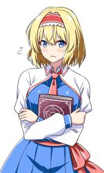1girl adapted_costume alice_margatroid blonde_hair blue_dress blue_eyes blush book breasts collared_shrug commentary_request dress flying_sweatdrops frilled_hairband frills hairband highres holding holding_book lolita_hairband long_sleeves looking_at_viewer medium_hair open_mouth red_hairband rise_(rise19851203) shrug_(clothing) simple_background solo touhou white_background white_shrug
