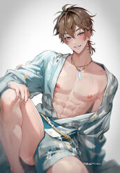 1boy abs ahoge antenna_hair arm_support bare_legs bare_pectorals blue_kimono blue_sash blurry blurry_foreground blush brown_eyes brown_hair collarbone commentary crystal_necklace dated eiden_(nu_carnival) english_commentary gradient_background grey_background grin hair_between_eyes hair_ornament hairclip hand_on_own_knee highres japanese_clothes jewelry kimono knee_up long_sleeves looking_at_viewer low_ponytail male_focus necklace nipples nu_carnival official_alternate_costume official_alternate_hairstyle open_clothes open_kimono owner_bird parted_lips pectorals pendant ponytail sash short_hair short_ponytail simple_background sitting smile solo sweat teeth toned toned_male twitter_username white_background yukata