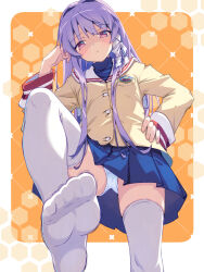 1girl akayama_yukihe clannad from_below fujibayashi_kyou highres hikarizaka_private_high_school_uniform jacket long_hair panties pov purple_hair school_uniform socks soles solo thighhighs thighs toes underwear upskirt very_long_hair white_panties white_socks yellow_jacket