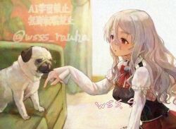 1girl bodice brown_eyes collared_shirt commentary_request commission couch curtains dog dress_shirt grey_hair kantai_collection long_hair long_sleeves pola_(kancolle) pug red_skirt shirt skeb_commission skirt thick_eyebrows translation_request twitter_username watermark wavy_hair white_shirt wss_(nicoseiga19993411)