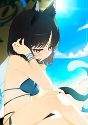 1girl absurdres bare_arms bare_legs bare_shoulders beach bikini black_eyes black_hair blue_archive blue_bikini blush cat_girl cat_tail closed_mouth hand_in_own_hair highres kikyou_(blue_archive) kikyou_(swimsuit)_(blue_archive) looking_at_viewer machico_(1872251) multiple_tails navel ocean official_alternate_costume sitting solo swimsuit tail two_tails