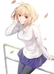 1girl against_railing arcueid_brunestud autumn_leaves blue_skirt breasts floating_clothes floating_hair flyby64 hand_on_own_face highres jewelry large_breasts leaf looking_at_viewer necklace pantyhose railing red_eyes simple_background sitting skirt smile sweater tsukihime tsukihime_(remake) turtleneck turtleneck_sweater white_background