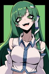 1girl black_border blue_eyes blush border breasts commentary_request crop_top detached_sleeves frog_hair_ornament green_background green_eyes green_hair hair_ornament hair_tubes highres kochiya_sanae large_breasts long_hair looking_at_viewer midriff nagainegi navel open_mouth outside_border shirt skirt smile snake snake_hair_ornament solo touhou upper_body