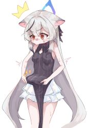 1girl animal_ears black_dress black_hair blue_archive blue_halo blush breasts brown_eyes cat_ears cat_girl china_dress chinese_clothes cleavage_cutout clothing_cutout diamond_cutout dress grey_hair halo kokona_(blue_archive) multicolored_hair shimeji_take sleeveless sleeveless_dress small_breasts solo streaked_hair striped_clothes striped_dress two-tone_hair vertical-striped_clothes vertical-striped_dress yurie_mouth