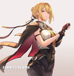 1girl absurdres adjusting_eyewear arm_strap black_gloves black_pants blonde_hair collared_shirt commission evelyn_chevalier gloves highres looking_at_viewer mole mole_under_eye necktie pants purple_eyes ra_torens red_gloves shirt smile solo two-sided_gloves white_shirt yellow_necktie zenless_zone_zero