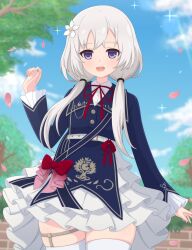 Rule 34 | 1girl, :d, arm at side, assault lily, belt, belt buckle, blue eyes, blue jacket, blue sky, bow, buckle, buttons, cloud, collared shirt, cowboy shot, day, falling petals, flower, frilled skirt, frilled sleeves, frills, grey hair, hair flower, hair ornament, hand up, haniwa (kiminozorazio), high belt, highres, jacket, layered skirt, long hair, long sleeves, looking at viewer, low twintails, miniskirt, neck ribbon, official alternate costume, open mouth, outdoors, petals, pink flower, red bow, red ribbon, revision, ribbon, shiozaki suzume, shirt, skirt, sky, smile, solo, sparkle, standing, teeth, thigh strap, thighhighs, tree, twintails, upper teeth only, white belt, white flower, white shirt, white skirt, white thighhighs, wide sleeves, zettai ryouiki
