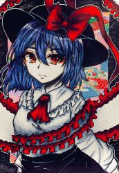 1girl ascot black_hat black_skirt blue_hair bow closed_mouth collared_shirt cowboy_shot frilled_shirt_collar frills hair_between_eyes hat hat_bow hat_ribbon long_sleeves looking_at_viewer medium_hair nagae_iku red_ascot red_bow red_eyes red_ribbon ribbon shiraniwa_rin shirt skirt solo touhou white_shirt