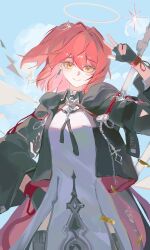 1girl arknights arm_up black_gloves black_jacket chaa2787 chinese_commentary closed_mouth commentary cowboy_shot earrings exusiai_(arknights) exusiai_the_new_covenant_(arknights) fingerless_gloves gloves grey_halo hair_between_eyes halo hand_on_own_hip highres jacket jewelry looking_at_viewer medium_hair red_hair shirt smile solo standing traditional_halo w white_shirt yellow_eyes