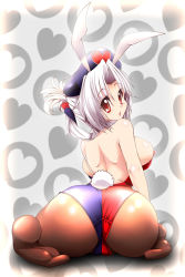 1girl :o animal_ears artistic_error ass back backless_leotard bad_anatomy bad_feet blue_leotard bow bowtie breasts brown_pantyhose cleavage fake_animal_ears female_focus folded_ponytail hat large_breasts leotard lipstick long_hair looking_back makeup nurse_cap pantyhose playboy_bunny rabbit_tail red_eyes red_leotard silver_hair solo tail touhou wrist_cuffs yagokoro_eirin yanmarson