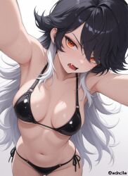 1girl armpits arms_up bikini black_bikini black_hair breasts collarbone commentary cowboy_shot dutch_angle english_commentary fangs goddess_of_victory:_nikke gradient_hair groin highres k_(nikke) large_breasts long_hair looking_at_viewer mojai multicolored_hair navel open_mouth orange_eyes side-tie_bikini_bottom simple_background skindentation solo sweat swimsuit twitter_username very_long_hair white_background white_hair