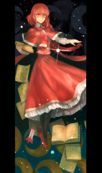 1girl bad_id bad_pixiv_id black_pantyhose blush book braid cape capelet female_focus highres long_hair mimi-chan note okazaki_yumemi pantyhose red_eyes red_hair ribbon rocket skirt solo touhou touhou_(pc-98) vest