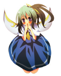 1girl bad_id bad_pixiv_id blush daiyousei embodiment_of_scarlet_devil female_focus green_hair hair_ribbon pasutel purple_eyes ribbon side_ponytail simple_background solo touhou white_background wings
