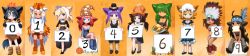 6+girls animal_ears bare_shoulders black_eyes black_hair blonde_hair blue_eyes blush cat_ears cat_tail counter_girls food gelbooru green_eyes hair_ribbon headdress long_hair looking_at_viewer meta meziosaur multiple_girls pilgrim_hat pumpkin purple_hair ribbon short_hair sitting skirt smile tail thanksgiving thighs turkey_(food) twintails white_hair