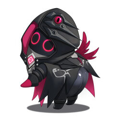 1other ass bangboo_(zenless_zone_zero) black_coat coat cosplay dead_angels full_body honkai_(series) honkai_impact_3rd looking_at_viewer mihoyo raven_(honkai_impact) raven_(honkai_impact)_(cosplay) shadow simple_background solo white_background zenless_zone_zero