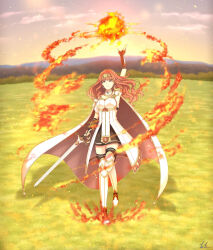 Rule 34 | 1girl, armor, armored boots, black gloves, black skirt, black thighhighs, boots, breastplate, breasts, cape, celica (fire emblem), choker, commentary, dress, earrings, field, fingerless gloves, fire, fire emblem, fire emblem echoes: shadows of valentia, fireball, full body, gloves, grass, highres, holding, holding sword, holding weapon, jewelry, long hair, magic, medium breasts, nintendo, on grass, orange eyes, orange hair, princess, red eyes, red hair, skirt, solo, sunset, sword, thighhighs, tiara, weapon, white armor, white dress, yin lu