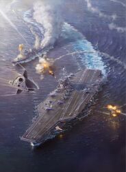 absurdres aircraft_carrier anti-aircraft anti-aircraft_missile anti-ship_missile arleigh_burke_class battle dated dongfeng-17 drone e-2_hawkeye evasive_maneuvers explosion f-35_lightning_ii flight_deck from_above highres imminent_explosion interception jeffholy military_vehicle missile missile_trail nimitz-class ocean original radar ship signature smoke united_states_navy uss_harry_s_truman_(cvn-75) warship watercraft x-47b