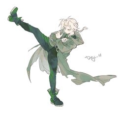 1boy ahoge black_boots black_jacket black_pants boots braid coat crossed_arms edward_elric frown full_body fullmetal_alchemist furrowed_brow high_kick highres jacket kicking long_hair male_focus pants parted_bangs red_coat single_braid solo white_background xue_ezi yellow_eyes