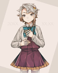 Rule 34 | 1girl, akishimo (kancolle), asymmetrical hair, bad id, bad twitter id, blazer, blue neckwear, brown hair, commentary request, cowboy shot, dress, gradient hair, grey eyes, grey thighhighs, hair ornament, jacket, kantai collection, leaf hair ornament, long sleeves, miroku san-ju, multicolored hair, original remodel (kantai collection), pleated dress, purple dress, school uniform, seamed legwear, short hair, short hair with long locks, side-seamed legwear, silver hair, solo, standing, thighhighs