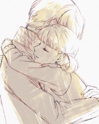 1boy 1girl closed_eyes doujima_nanako highres hug machihazure monochrome narukami_yu persona persona_4 short_hair short_twintails smile sweater twintails upper_body