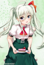 1girl ahoge blue_eyes blush bow braid cake cake_slice chair collared_shirt commentary_request dress_shirt einhard_stratos food fujima_takuya green_background green_hair green_skirt hair_between_eyes hair_bow heterochromia high-waist_skirt holding holding_plate long_hair looking_at_viewer lyrical_nanoha mahou_shoujo_lyrical_nanoha on_chair open_mouth plate puffy_short_sleeves puffy_sleeves purple_eyes red_bow shirt short_sleeves sitting skirt solo twintails very_long_hair white_shirt